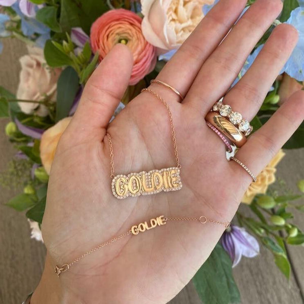 Bubble Gold Name with Pave Outline Necklace