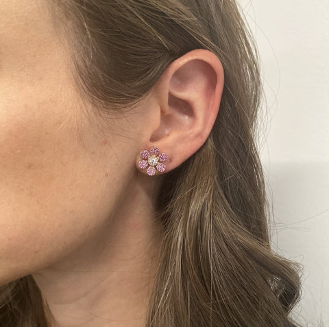 Pink Sapphire Large Pave Flower Stud