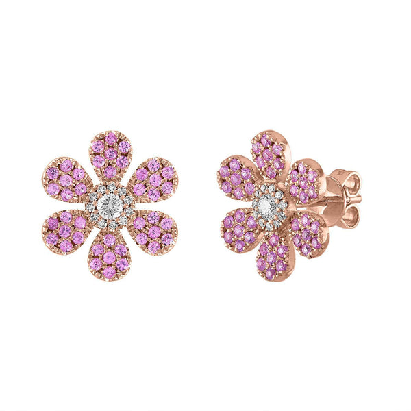 Pink Sapphire Large Pave Flower Stud