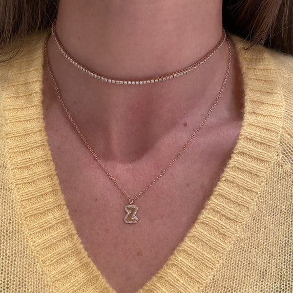 Large Bubble Initial Charm with Pave Outline Necklace