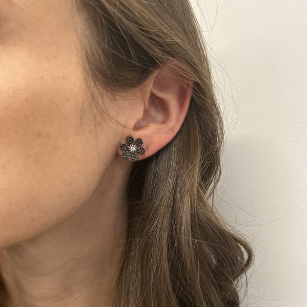 Black Diamond Large Pave Flower Stud