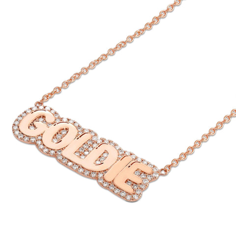 Bubble Gold Name with Pave Outline Necklace