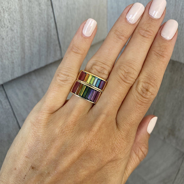 Wide Square Cirque Rainbow Band with Baguettes