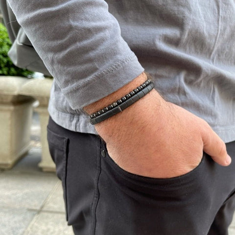 Men's Matte Black Ceramic Bracelet with Diamond Bar