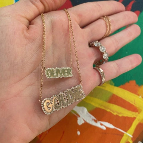 Small Bubble Name with Pave Outline Necklace