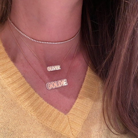 Small Bubble Name with Pave Outline Necklace