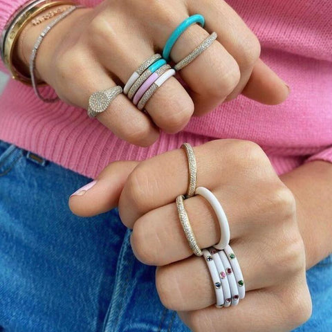 3 Gemstone and White Enamel Stack Ring