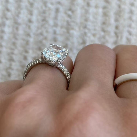 4.07 Carat Cushion Cut Engagement Ring with Three Sided Diamond Pavé
