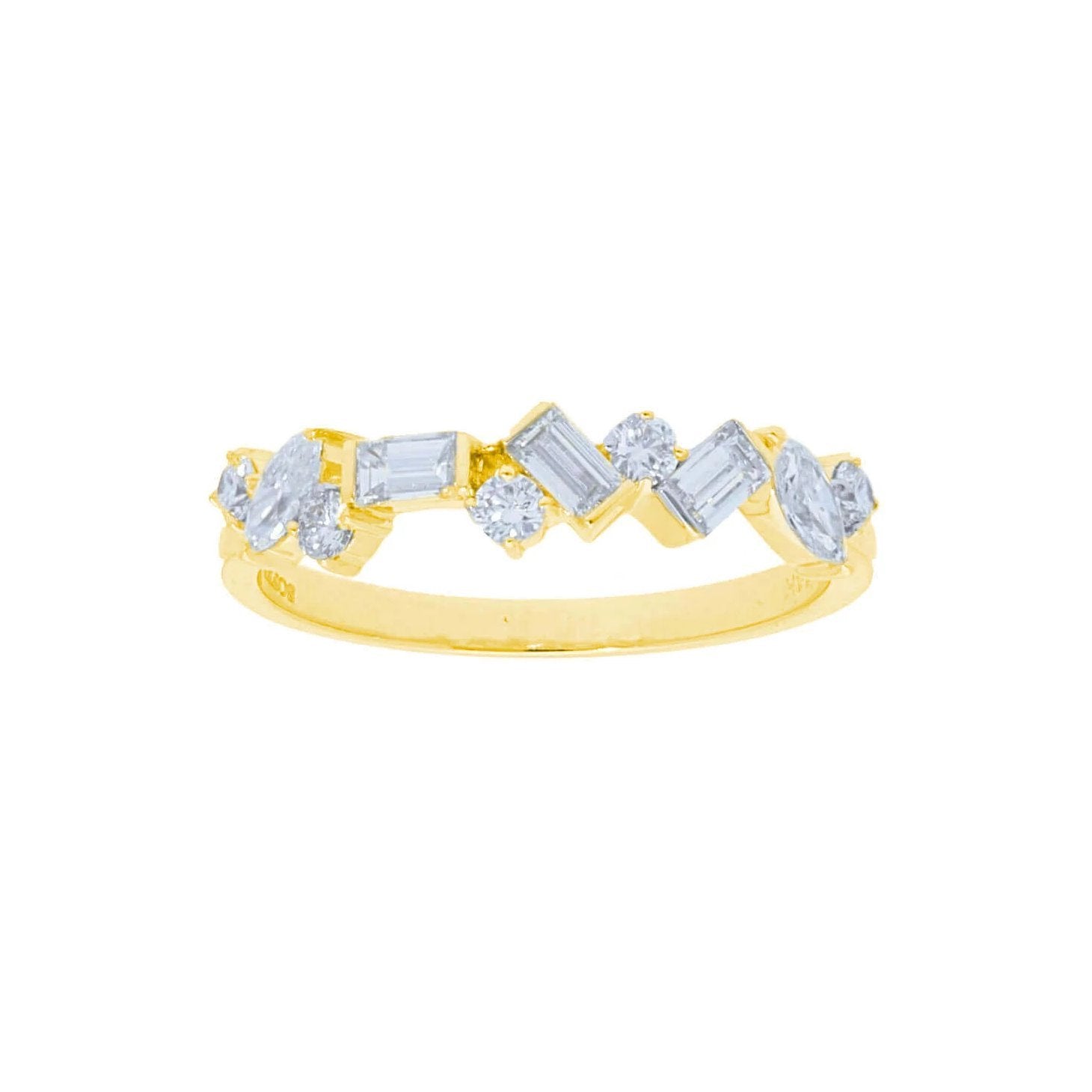 SAMPLE SALE-Alternating Baguette & Round Diamond Halfway Band Yellow Gold Size 6.5