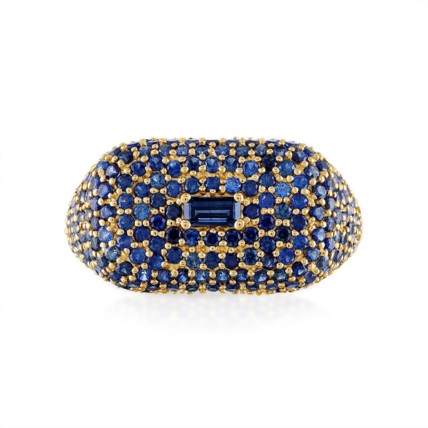 Blue Sapphire Domed Signet Ring in Yellow Gold