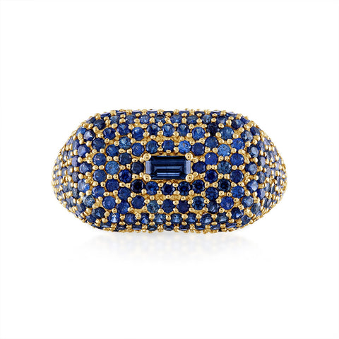 Blue Sapphire Domed Signet Ring in Yellow Gold