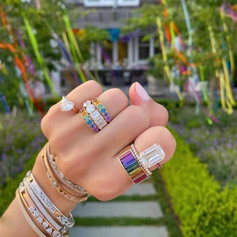 Wide Square Cirque Rainbow Band with Baguettes