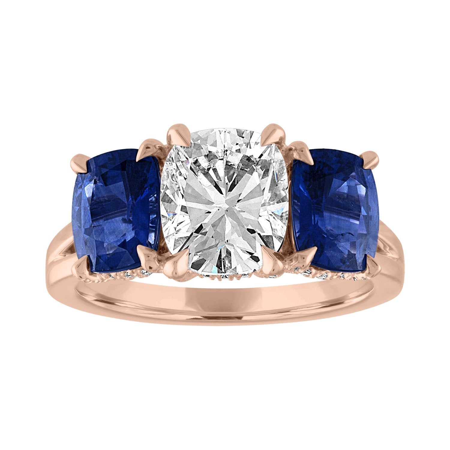 Cushion Cut Engagement Ring with Blue Sapphire Side Stones