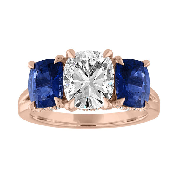 Cushion Cut Engagement Ring with Blue Sapphire Side Stones