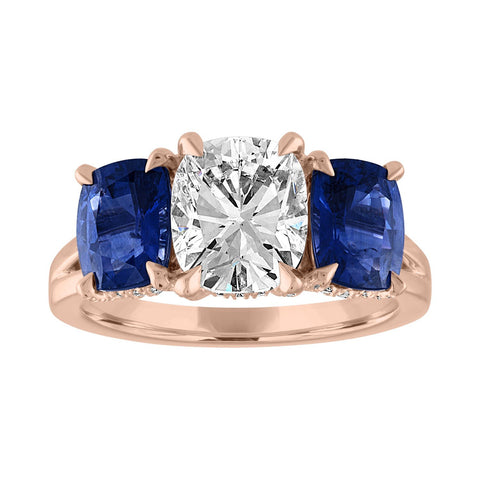 Cushion Cut Engagement Ring with Blue Sapphire Side Stones