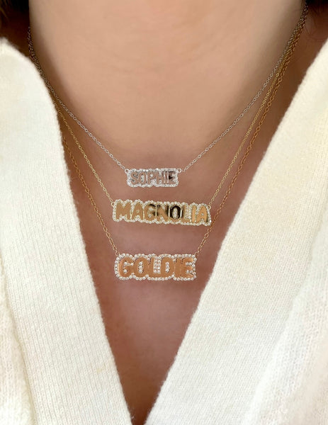 Small Bubble Name with Pave Outline Necklace