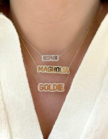 Small Bubble Name with Pave Outline Necklace