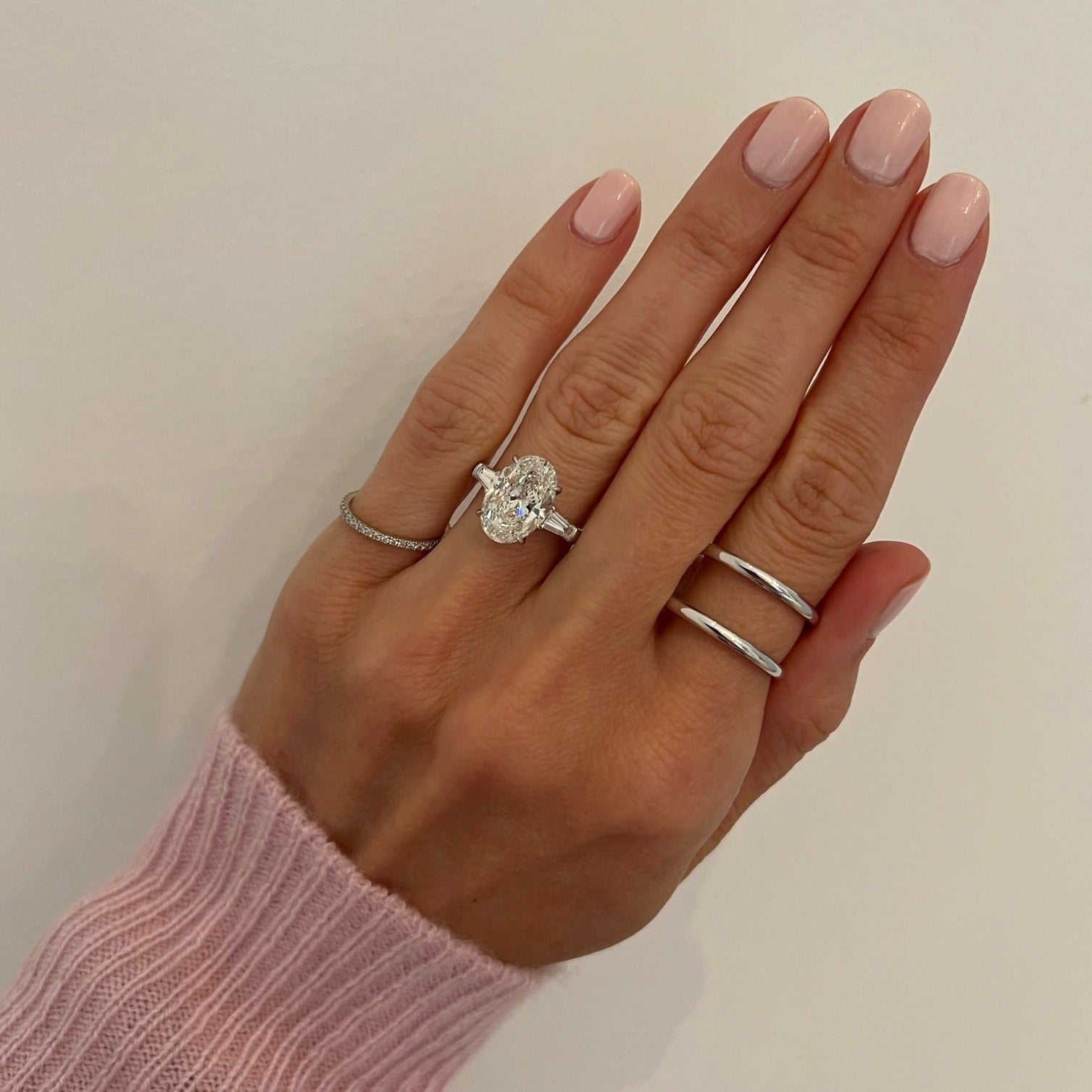 3.71ct Oval Three-Stone with with Tapered Baguette Side Stones Engagement Ring