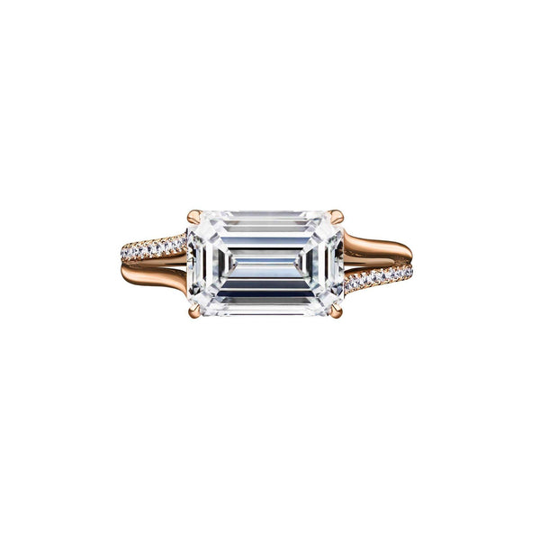 2.71 Carat East-West Emerald Cut Engagement Ring with Rose Gold Split Shank