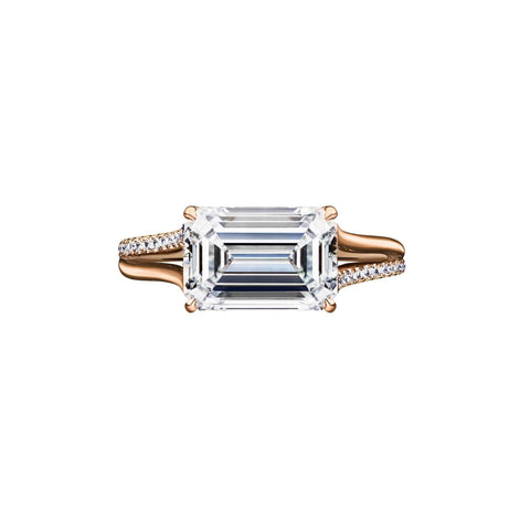 2.71 Carat East-West Emerald Cut Engagement Ring with Rose Gold Split Shank