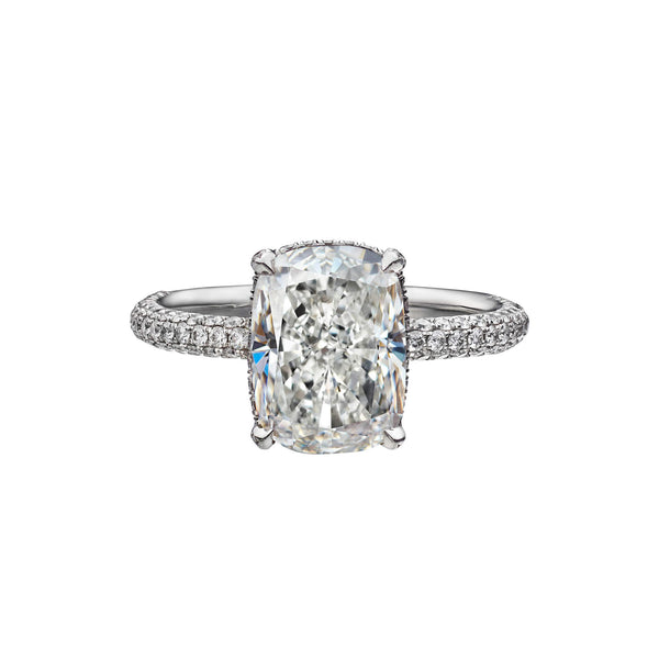 4.07 Carat Cushion Cut Engagement Ring with Three Sided Diamond Pavé