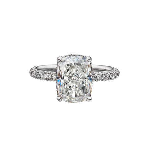 4.07 Carat Cushion Cut Engagement Ring with Three Sided Diamond Pavé
