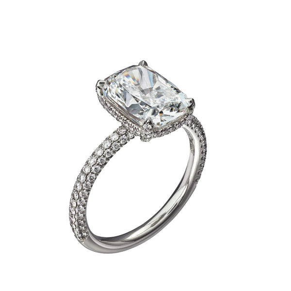 4.07 Carat Cushion Cut Engagement Ring with Three Sided Diamond Pavé