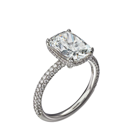 4.07 Carat Cushion Cut Engagement Ring with Three Sided Diamond Pavé