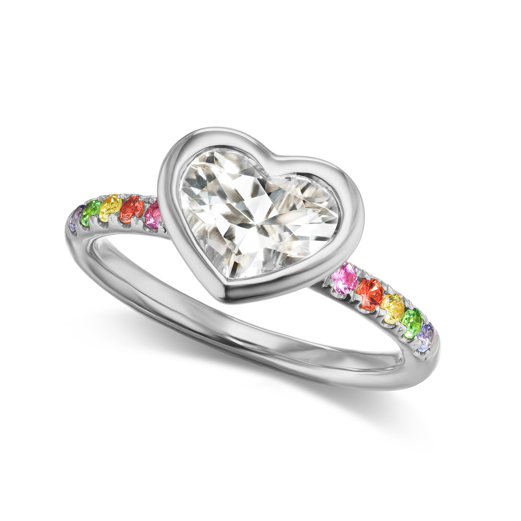 Heart Bezel Solitaire Rainbow Band Ring
