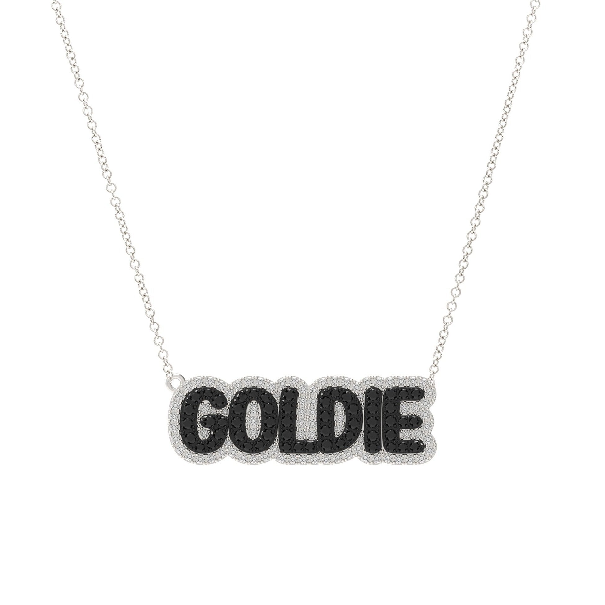 Bubble Black Diamond Name with Pave Outline Necklace