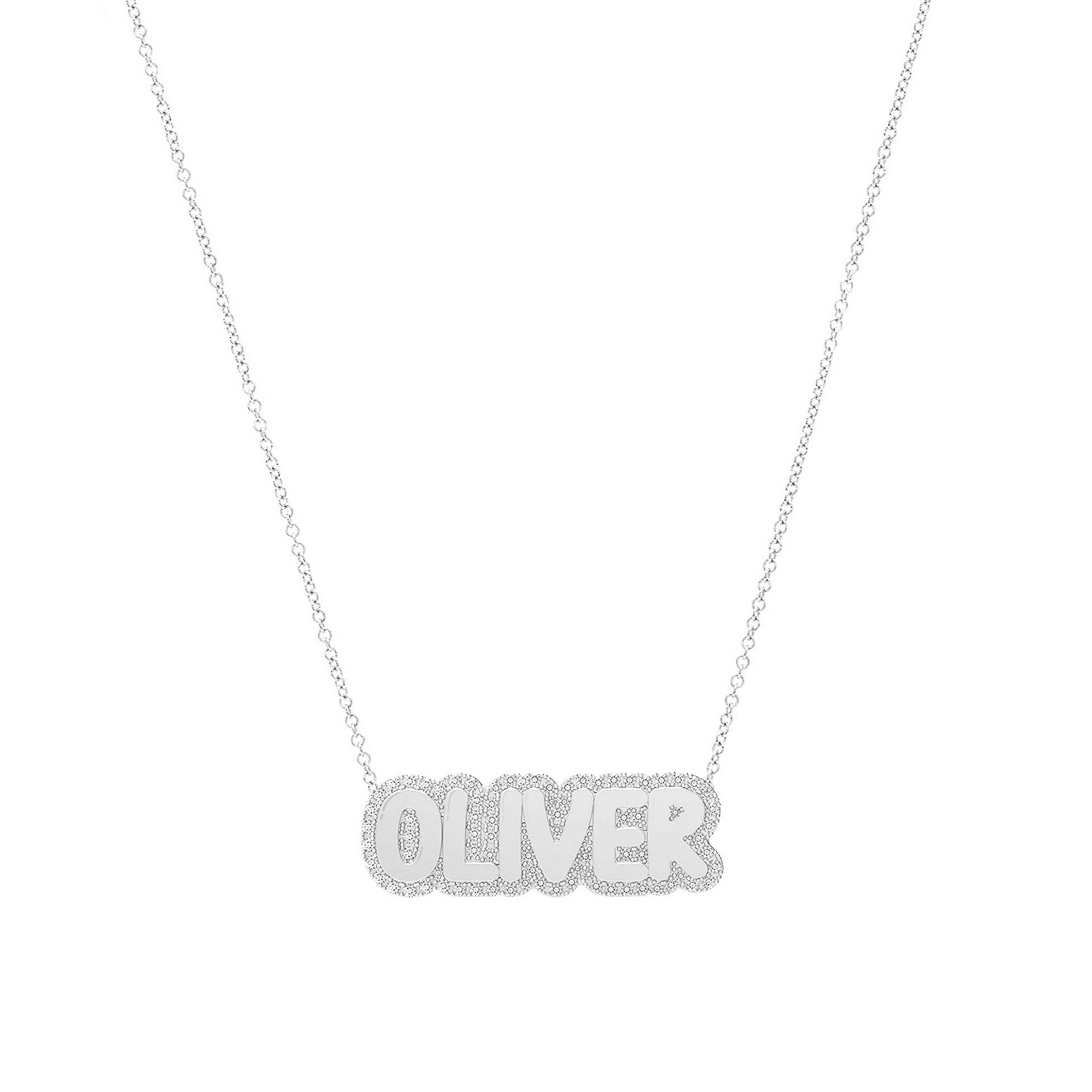 Small Bubble Name with Pave Outline Necklace