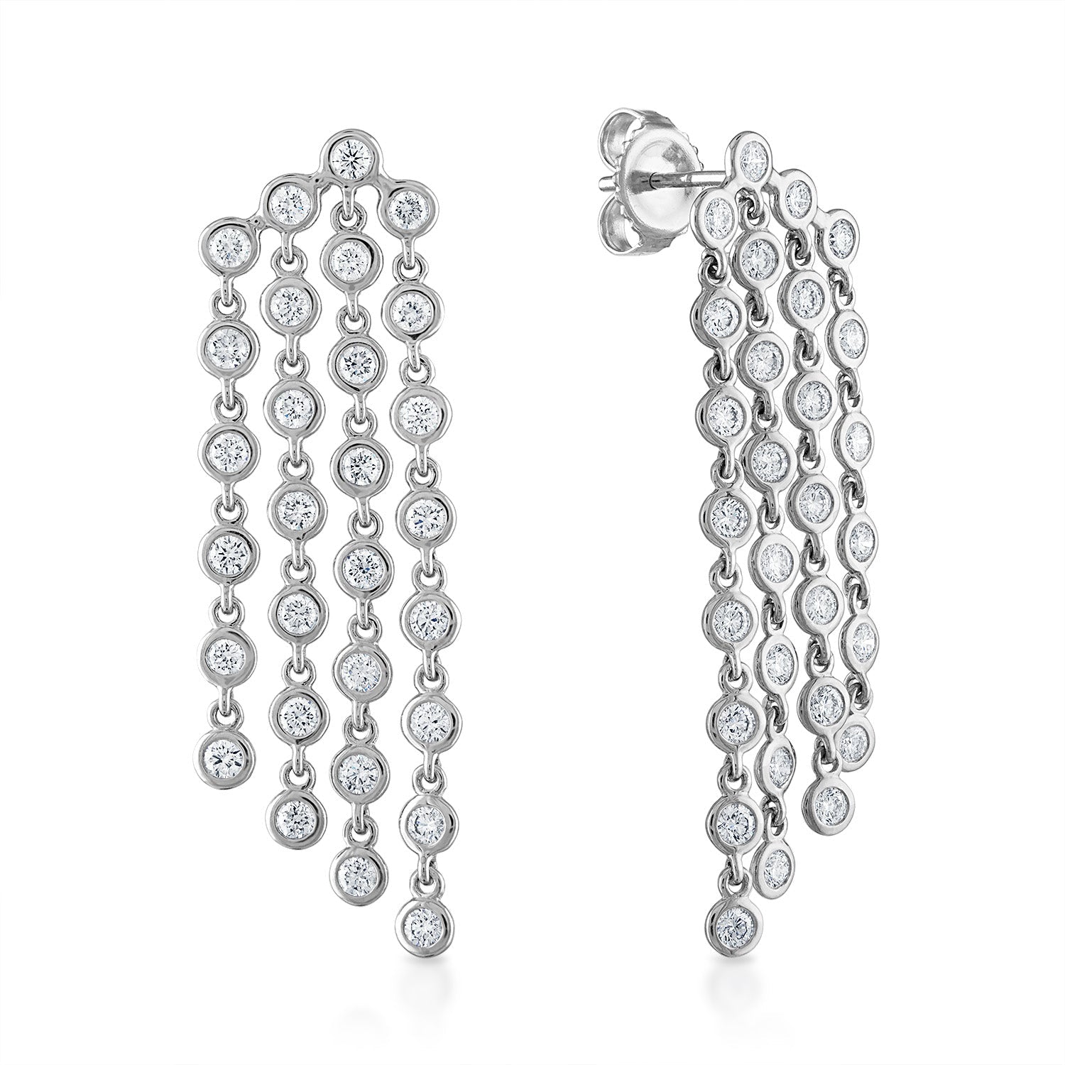 4 Row Diamond Waterfall Studs in White Gold