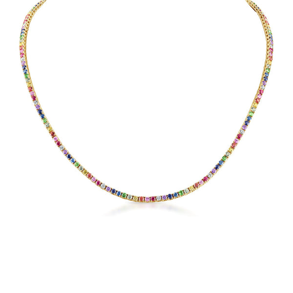 14k yellow gold rainbow and diamond tennis necklace in a vertical view