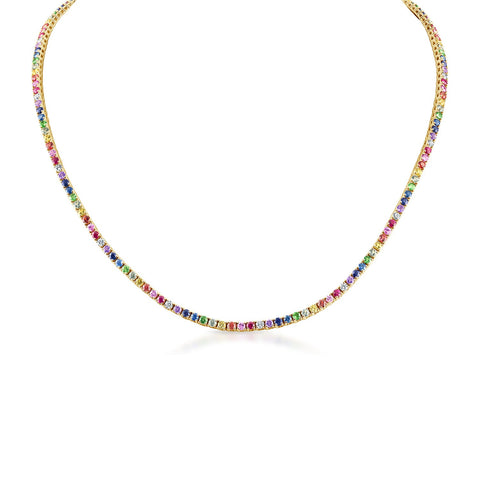 14k yellow gold rainbow and diamond tennis necklace in a vertical view