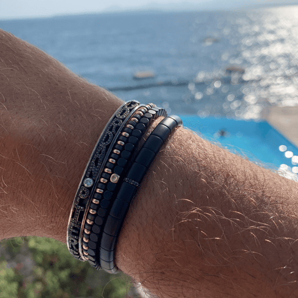 Men's Matte Black Ceramic Bracelet with Diamond Bar